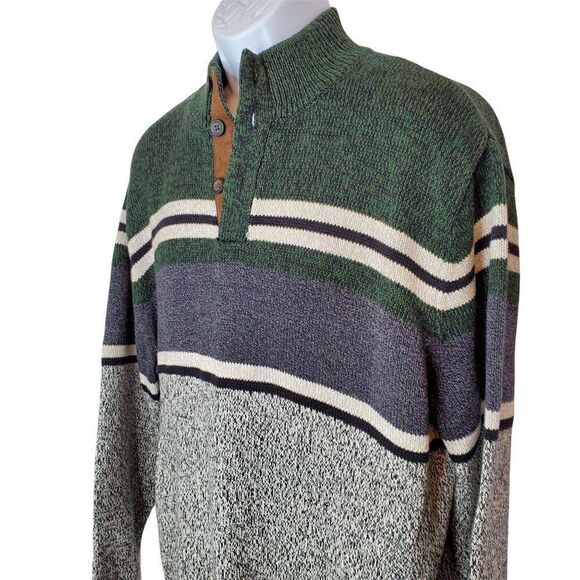 NEW Chaps Mock Button Neck Pull Over Heavy Cotton Sweater Green Black XL - Picture 3 of 5